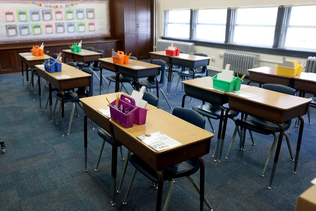 Caddies of pens, pencils, note cards and other supplies sit on desks in a third grade classroom at Rufino Mendoza Elementary School on Wednesday, July 29, 2026. Principal Katy Myers Allis said all classrooms will have students sit in pairs with supplies at the ready.